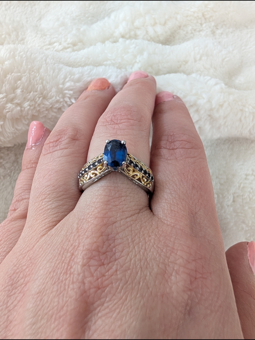 925 Sterling Silver Blue Sapphire Ring Two Tone Gold Scrollwork Size 8
